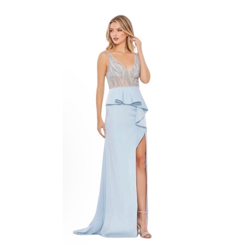Mac Duggal 11203 Embellished Illusion Peplum Bodice Powder Blue Gown Size 6